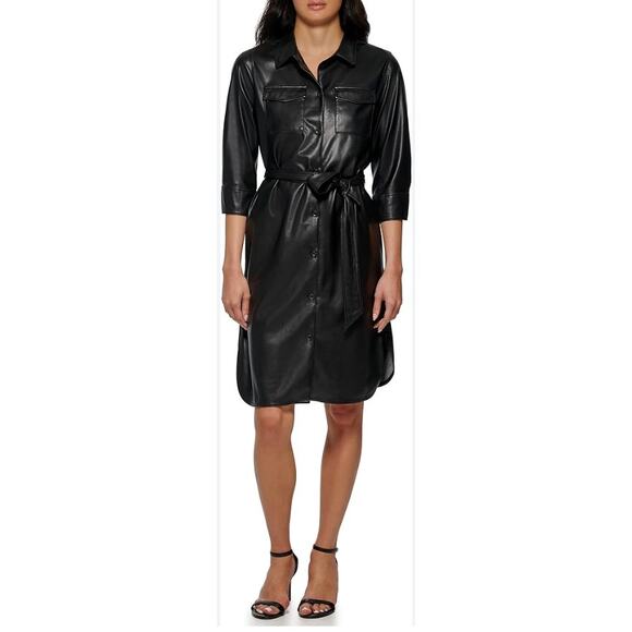 Calvin Klein S Black Faux Leather Button Front 3/4 Sleeve Shirt Dress Collared - Picture 8 of 8